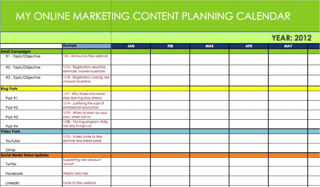Online Marketing Content & Message Planning Calendar